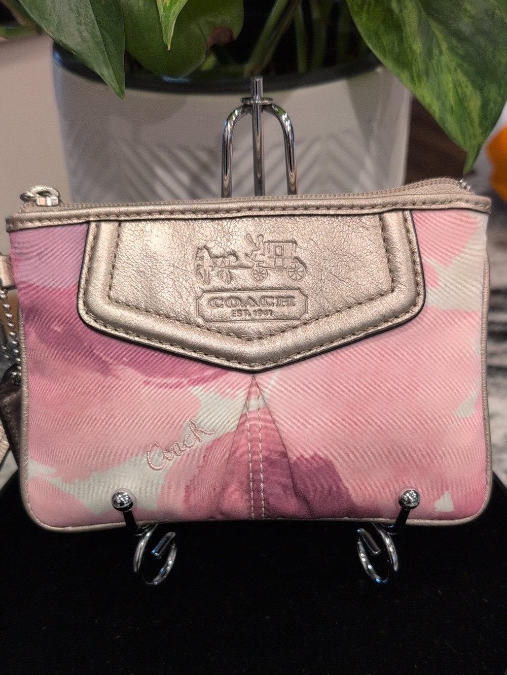 Coach Pink Watercolor Zip Wristlet with Metallic Trim